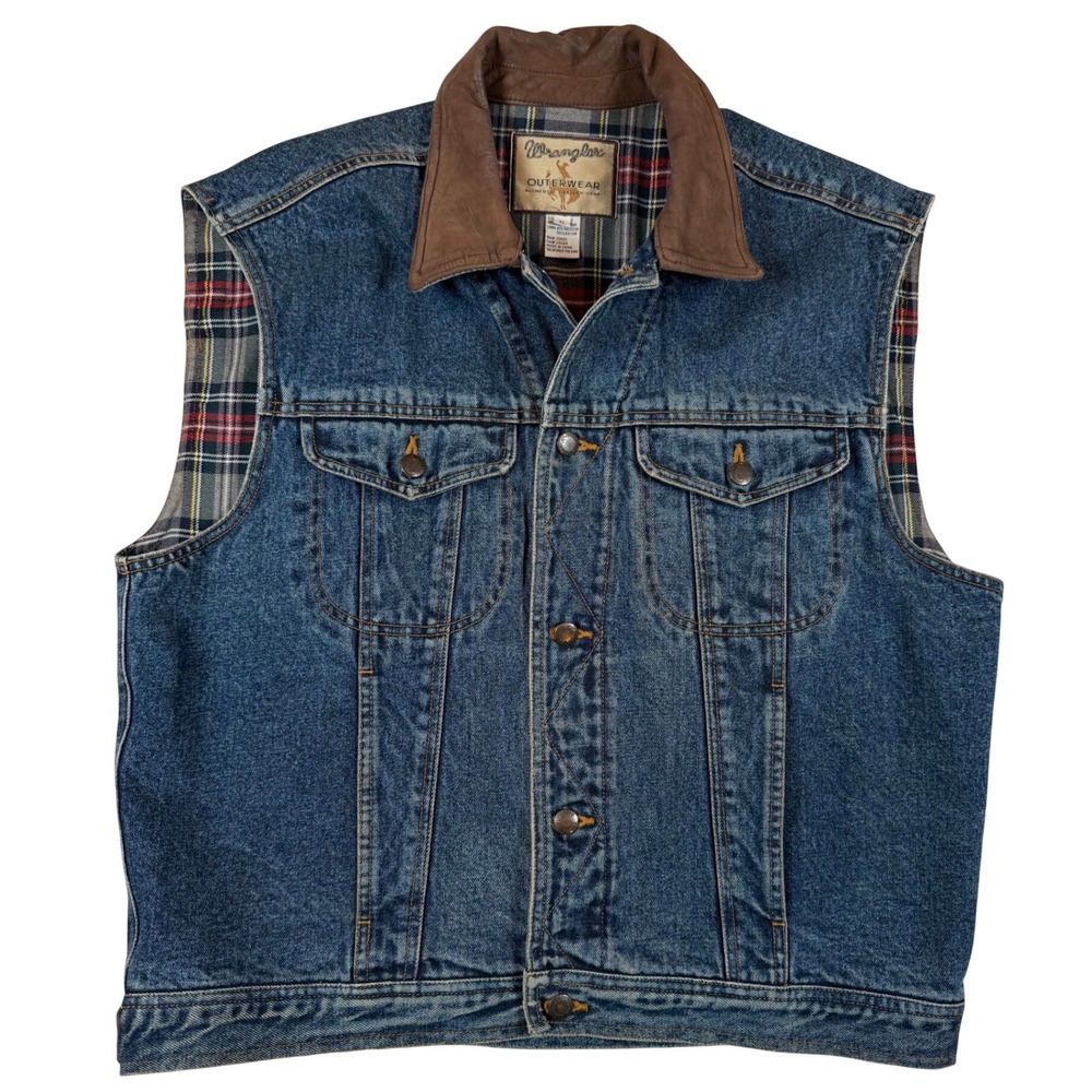 Vtg Wrangler Denim Vest Lined Leather Collar XL Western Workwear Plaid Cowboy‎